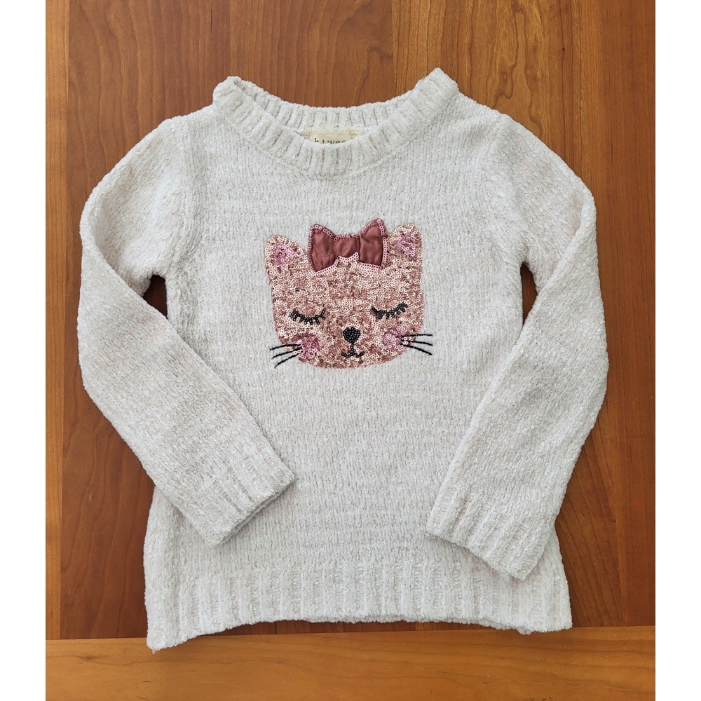 Btween Girls 3T Kitty Cat Sweater‎ White Pink Sequin Bow Long Sleeve Soft